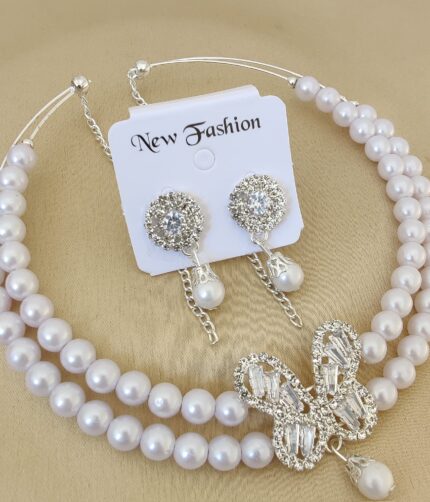 Pearl Choker Set with American Diamond Butterfly Pendant for Women