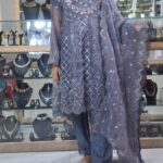 Organza Embroidered Anarkali with Trousers and Cutwork Dupatta