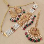 Elegant Multi-Layered Gold Pleated Green Red Faux Kundan Choker with White Pearl Work for Women