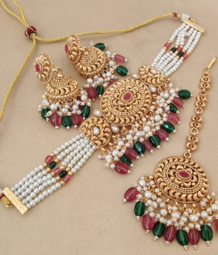 Elegant Multi-Layered Gold Pleated Green Red Faux Kundan Choker with White Pearl Work for Women