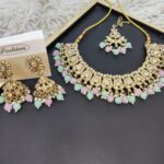 Elegant Choker Pinkish-Greenish Pearl and Faux Kundan Necklace for Women