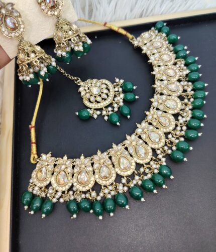 Elegant Faux Kundan Choker with Green Pearl Necklace-Women Fashion