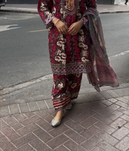 Embroidered Pakistani Farshi Shalwar Suit with chiffon dupatta for Women and Girls